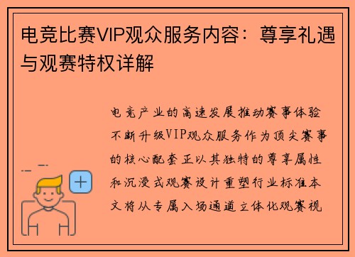 电竞比赛VIP观众服务内容：尊享礼遇与观赛特权详解